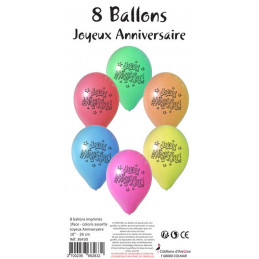 8 ballons 26 cm imprimés 1 face- Joyeux Anniversaire