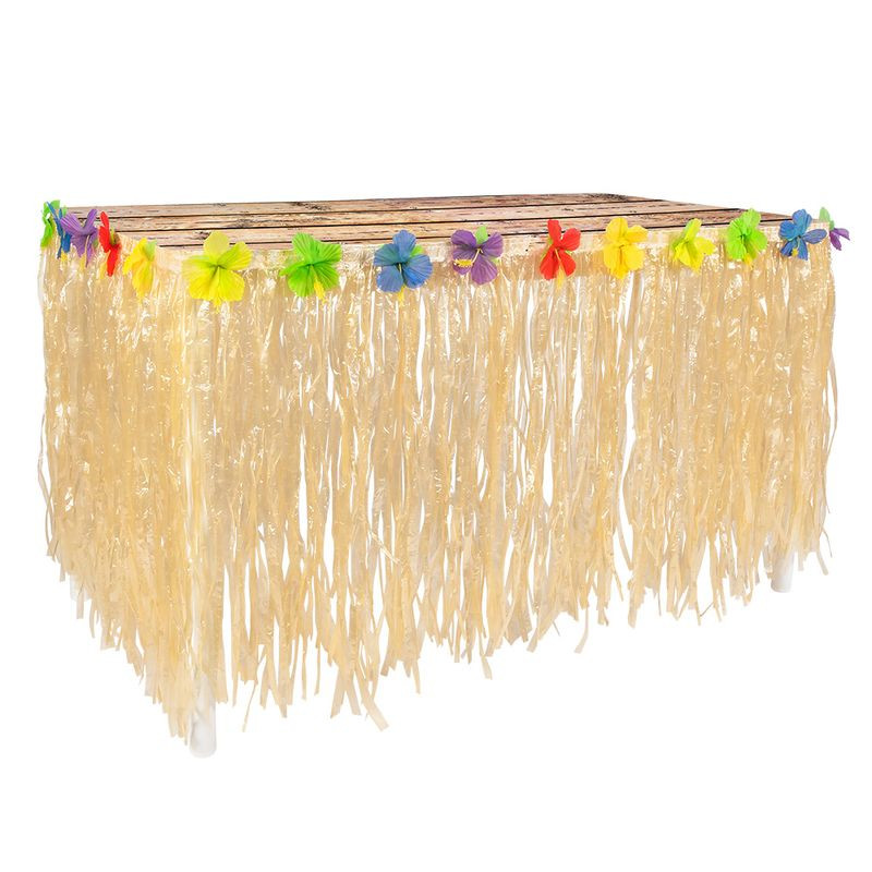 Jupe De Table Hawaïenne Verte à Motifs Floraux - Décoration De Fête 275x60 Cm, Pour Table Ronde Ou Carrée, Thème Tropical