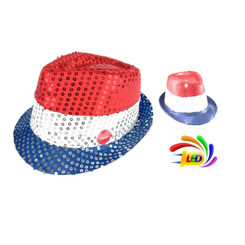 Grossiste Chapeau Sequins LED Bleu blanc rouge clignotant 3 PILES